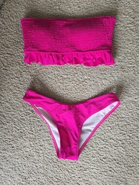 Hot Pink Smocked Ruffle Bandeau Bikini Set
